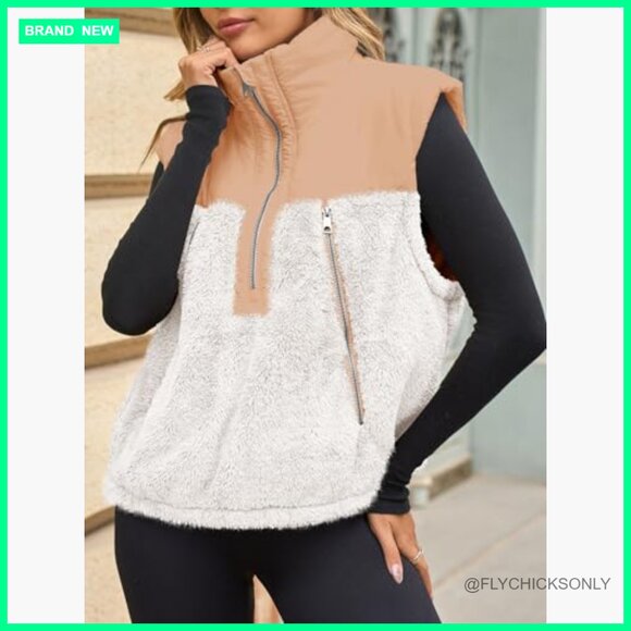 Cropped Fleece Sherpa Vest with Half Zipper and Pockets - Picture 5 of 7